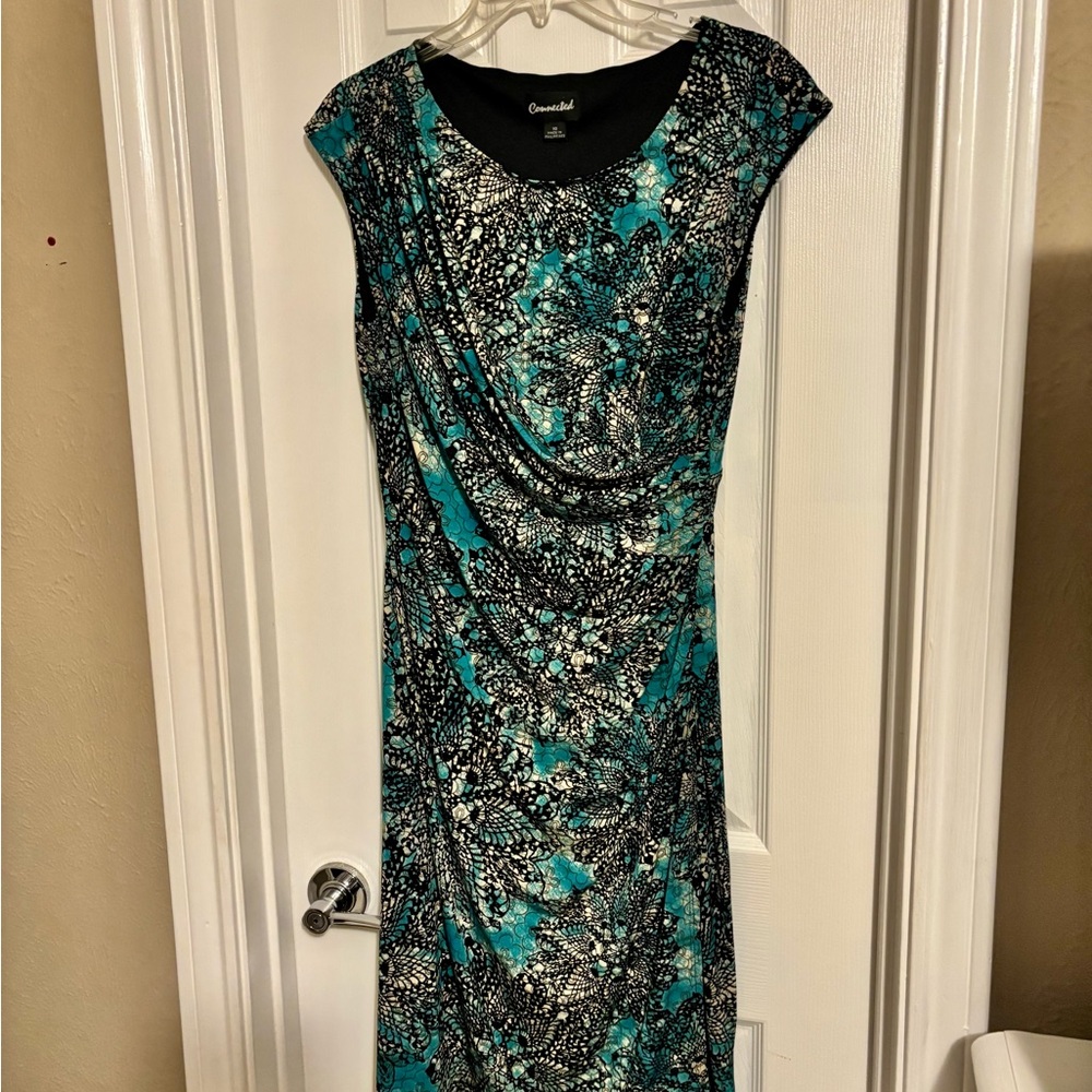 Connected Apparel Black and Teal Patterned Midi Dress